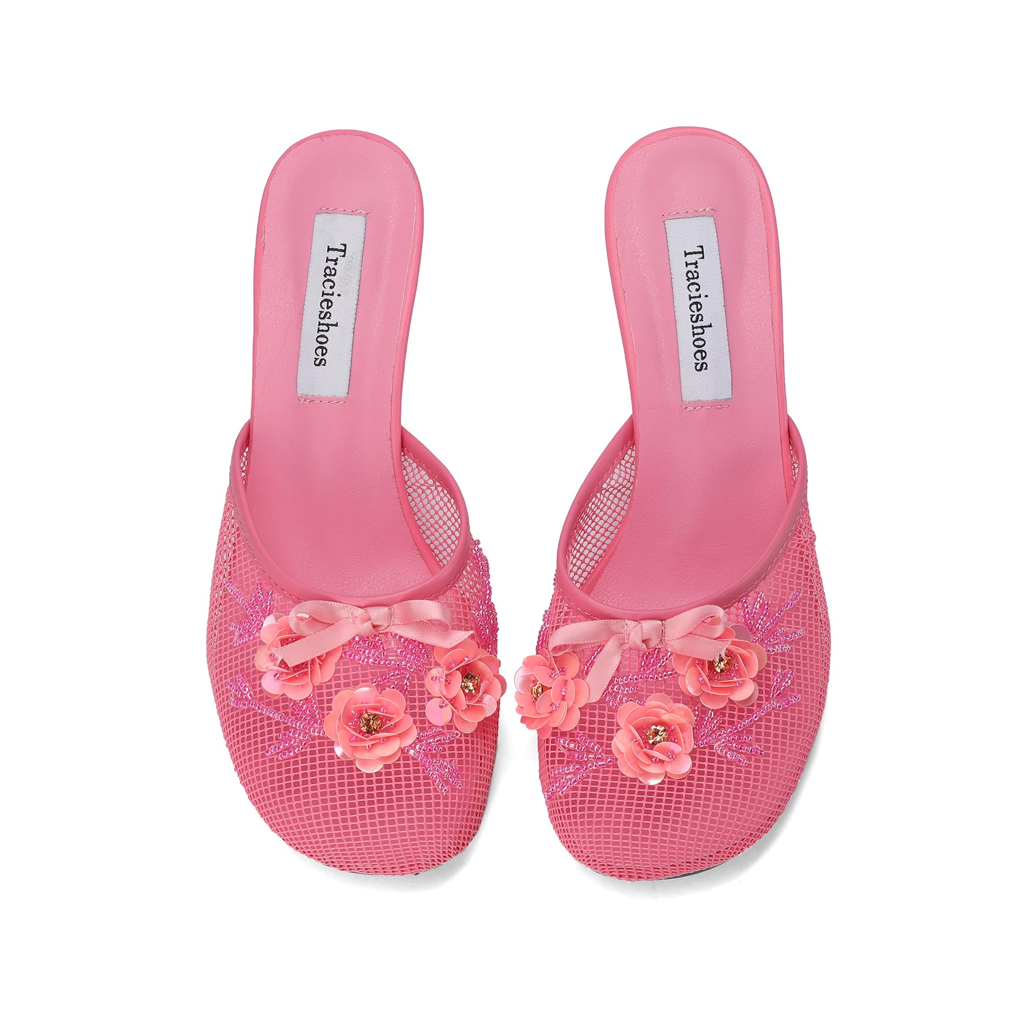Tracieshoes Women's Mesh Mule Slip On Sandals With Floral Sequin Embellishments Round Toe Middle 2.5 Inch Heel Slides Slippers Pink