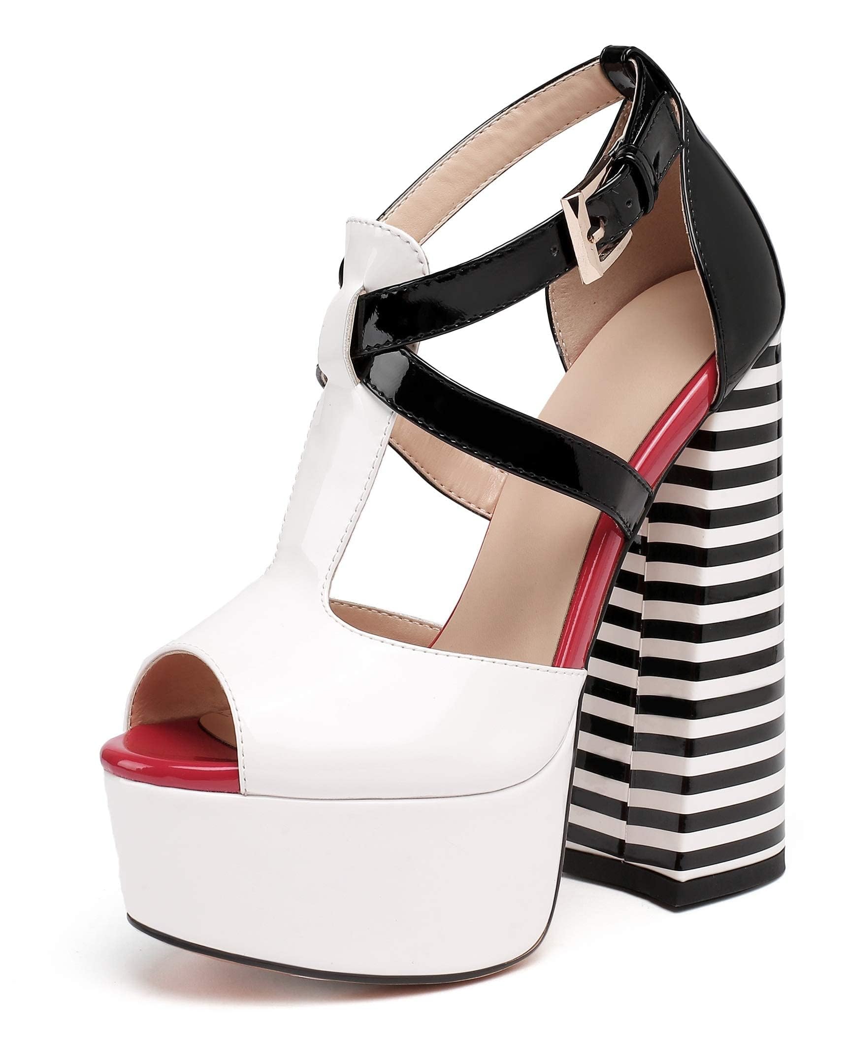 YODEKS Peep Toe Platform Chunky High Heels Heeled Sandals Women's Multicolored Zebra Animal Print Open Toe Ankle Buckle Shoes
