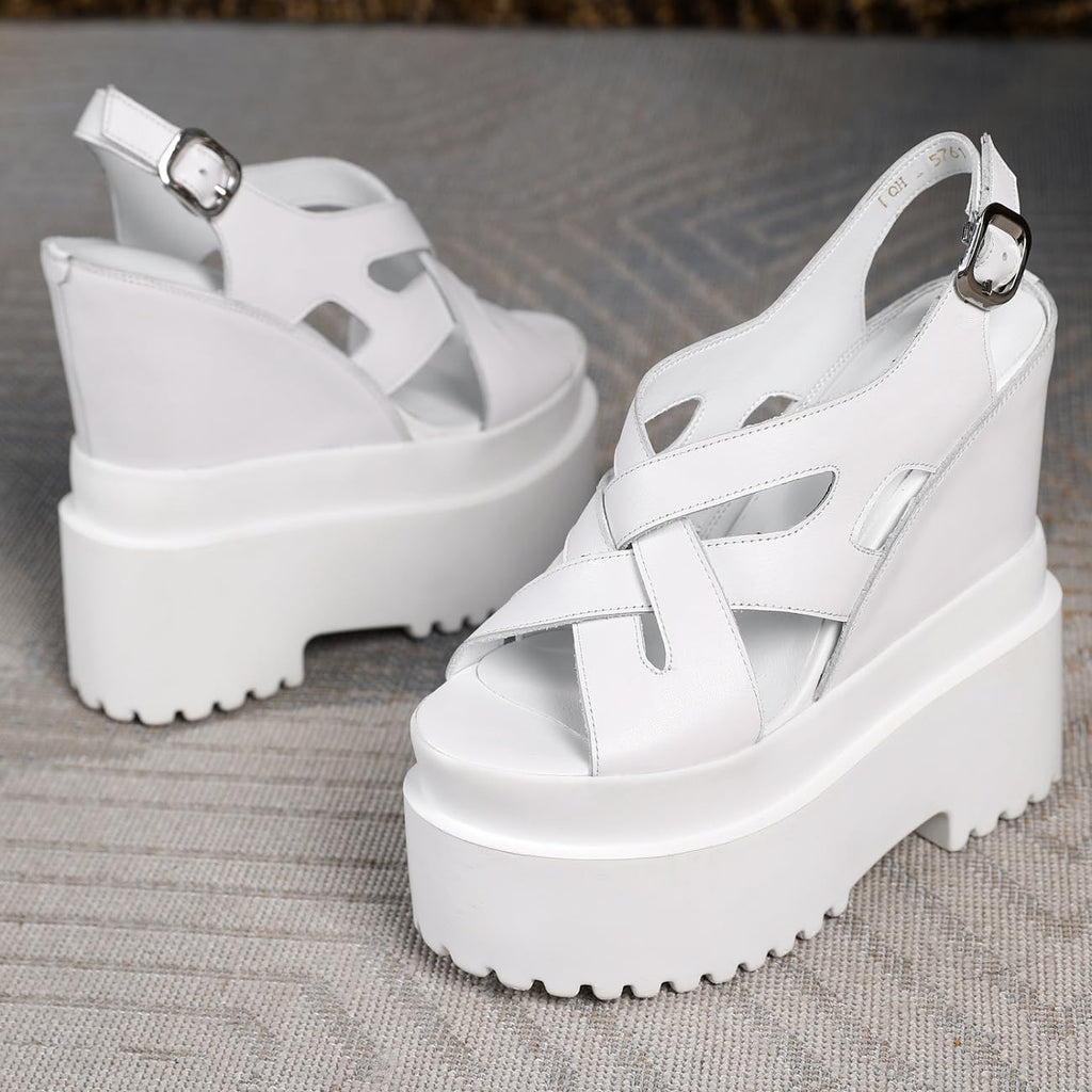 Loonglue Summer New Retro Super High Wedges Heels Platform Peep Toe Cross-tied Buckle Strap Genuine Leather Women Gladiator Sandals 240306