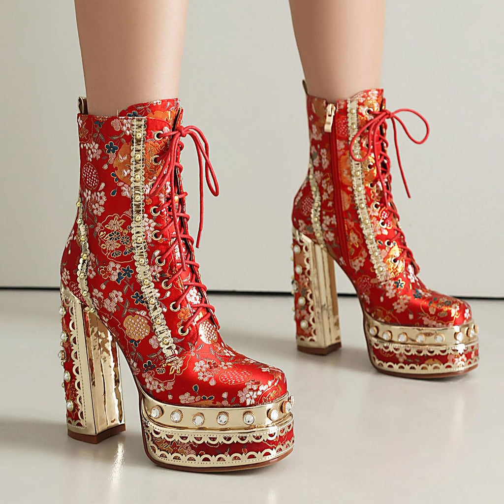 Red Feinlina Embroidered Fabric Gemstones Platform Chunky Ankle Boot