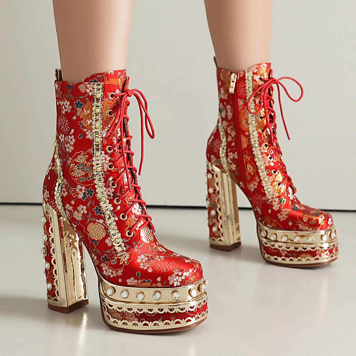 Red Feinlina Embroidered Fabric Gemstones Platform Chunky Ankle Boot