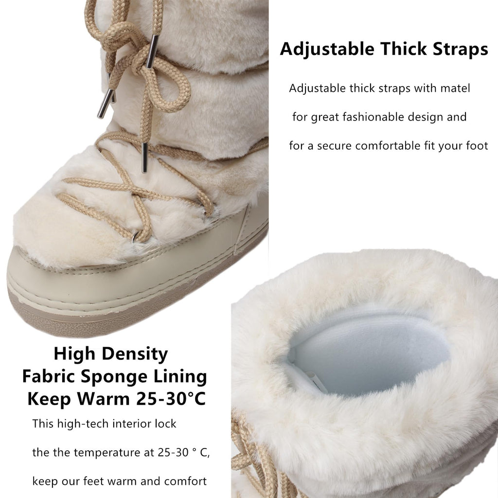 ZHENAIYISHENG Faux Fur Boots for Women - Fuzzy Fluffy Furry Water Resistant Snow Boots for Women - Anti-Slip with Cotton Sponge Lined and TPR Rubber Sole Black White Fur Boots beige