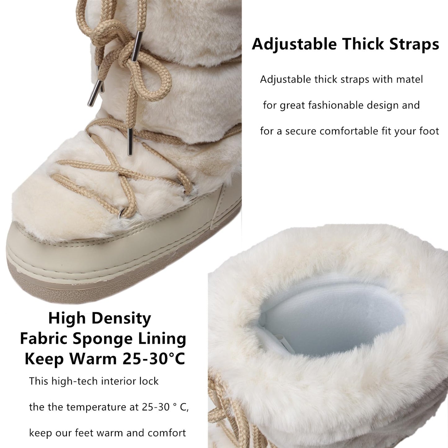 ZHENAIYISHENG Faux Fur Boots for Women - Fuzzy Fluffy Furry Water Resistant Snow Boots for Women - Anti-Slip with Cotton Sponge Lined and TPR Rubber Sole Black White Fur Boots beige