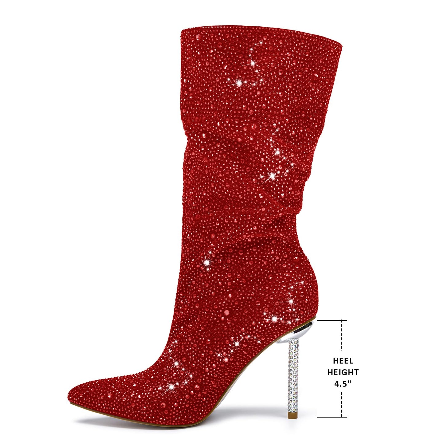 Women's Red Denim Mid Calf Boots sparkly Rhinestone Stiletto Heel Boots Western Wide Calf Short Cowboy Boots Sexy Pointed Toe dress Party Boots