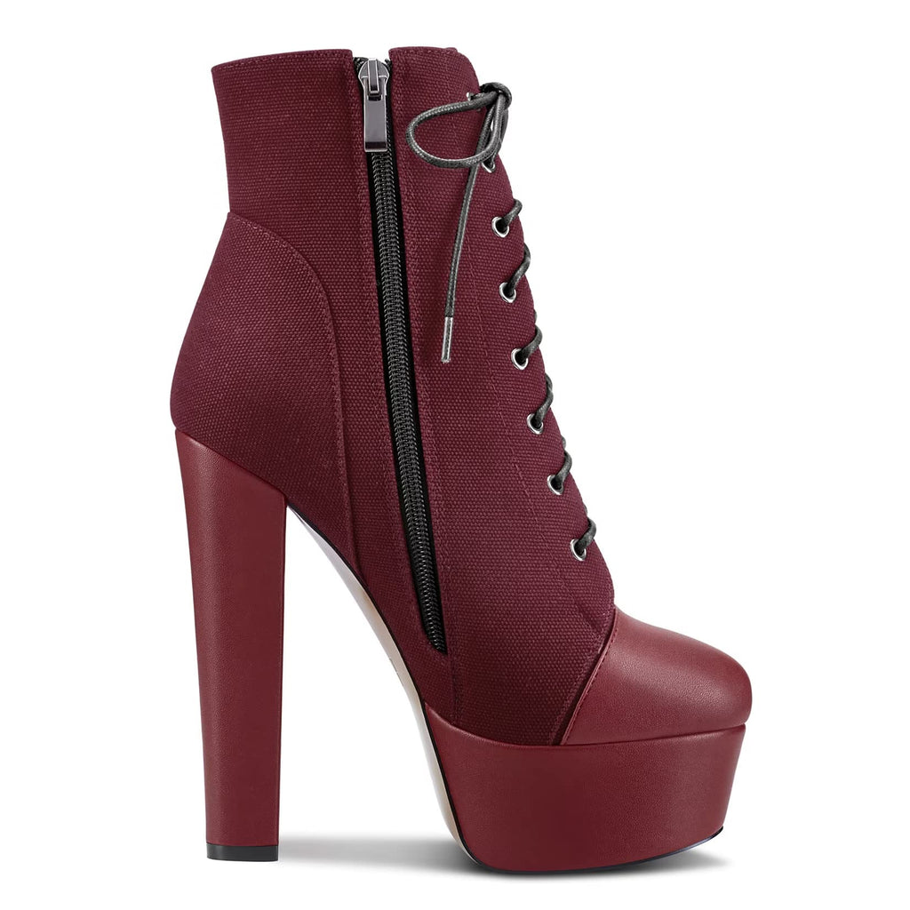 NobleOnly Women Chunky Block Platform High Heel Round Toe Lace-up Zipper Ankle Boots Short Bootie Classic Shoes Burgundy Wine Red