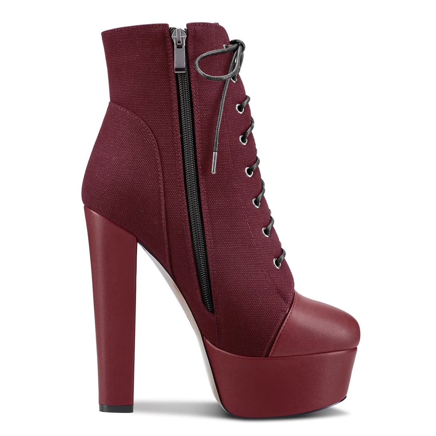 NobleOnly Women Chunky Block Platform High Heel Round Toe Lace-up Zipper Ankle Boots Short Bootie Classic Shoes Burgundy Wine Red