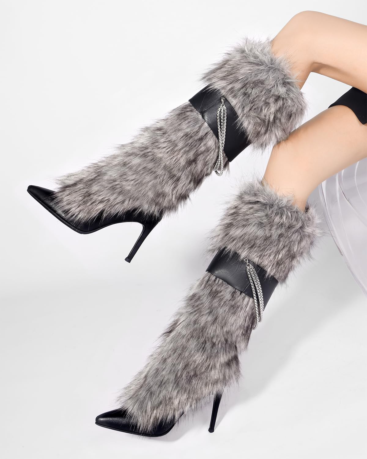 Ouwilov Women’s Gray Faux Fur High Heel Boots – Furry Stiletto Boots with Chain Detail & Stretch Knit Inner Shaft Elegant Winter Fur Boot Heels for Fashion Outfits & Cold Weather