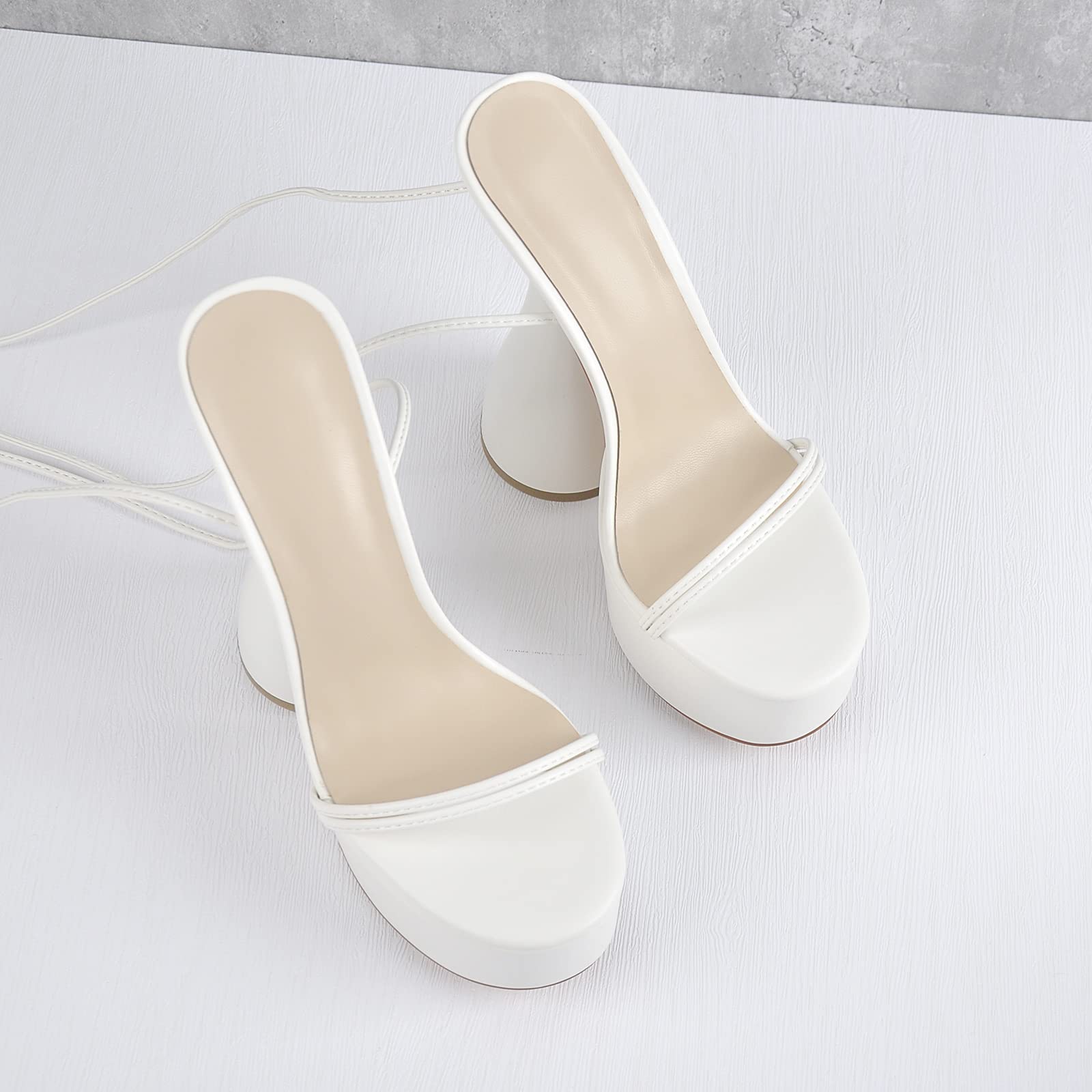 LISHAN Women's Platform High Heels Lace-up Chunky Heeled Sandals PU Ankle Strappy Gladiator Anti-slip Rubber Sole Block Heels Solid Color Sandals Dress Prom Dancing Shoes White Size 15