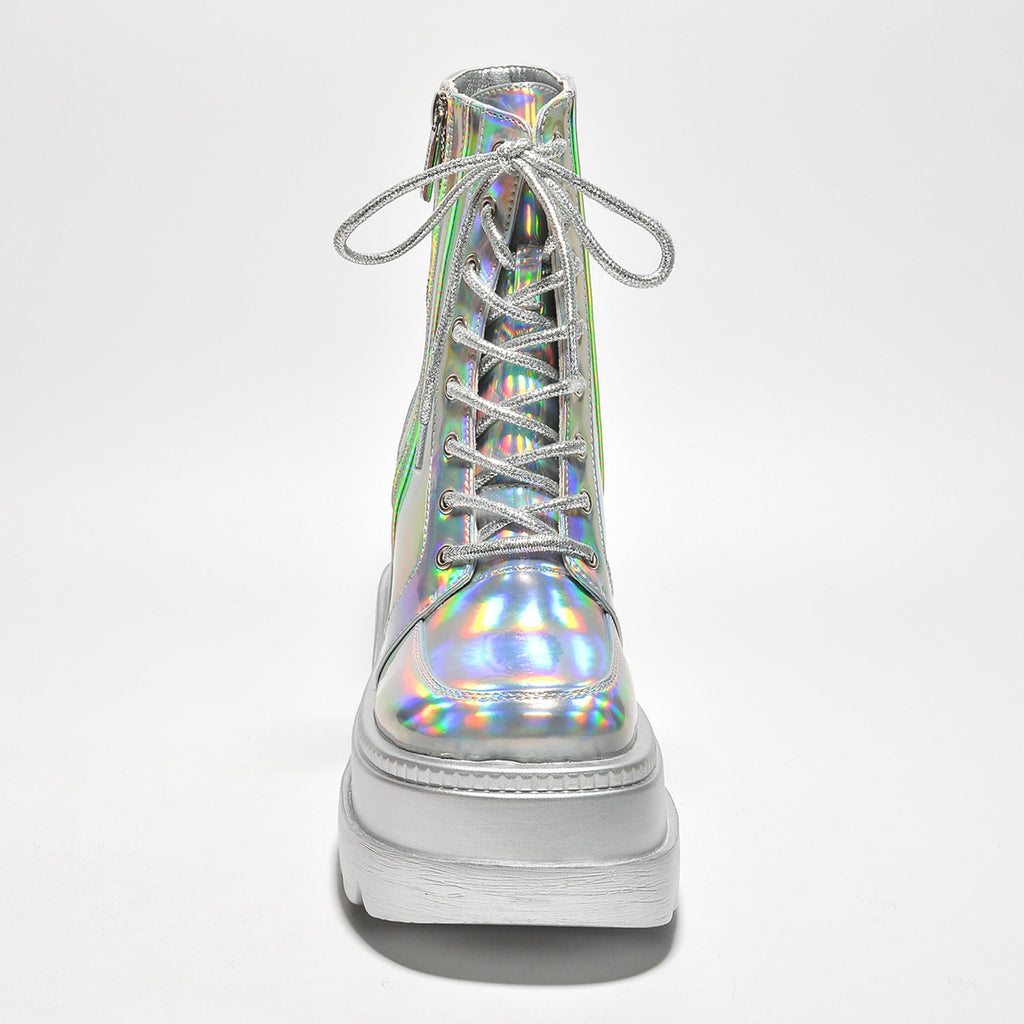 Cape Robbin Holographic Platform Ankle Boots for Women Chunky Block Heels Pointed Toe PU Leather with Buckle Strap Retro Futuristic Style (Radio) - Holographic Size 11