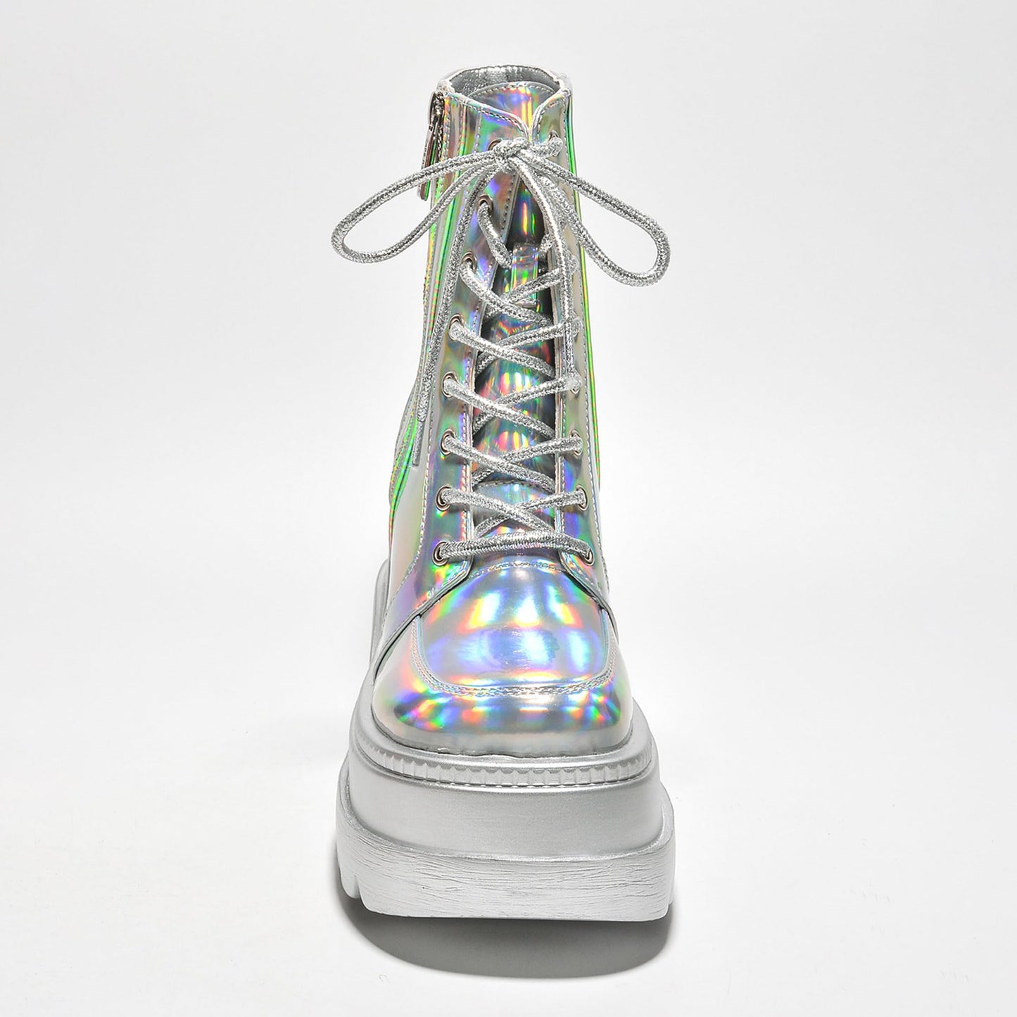Cape Robbin Holographic Platform Ankle Boots for Women Chunky Block Heels Pointed Toe PU Leather with Buckle Strap Retro Futuristic Style (Radio) - Holographic Size 11