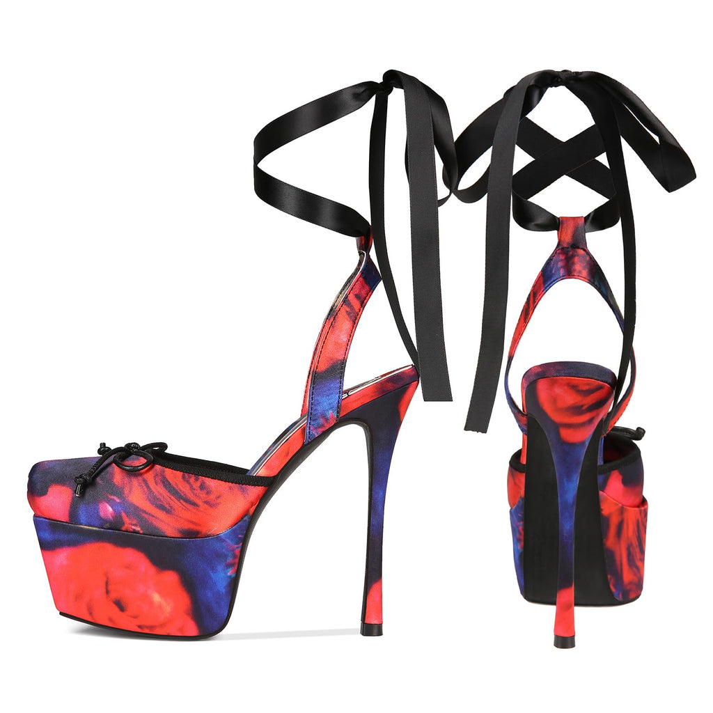 Saint Leia Women's Platform High Heels Square Closed Toe Bow Heels Lace Up Summer Elegant Sandals（Red