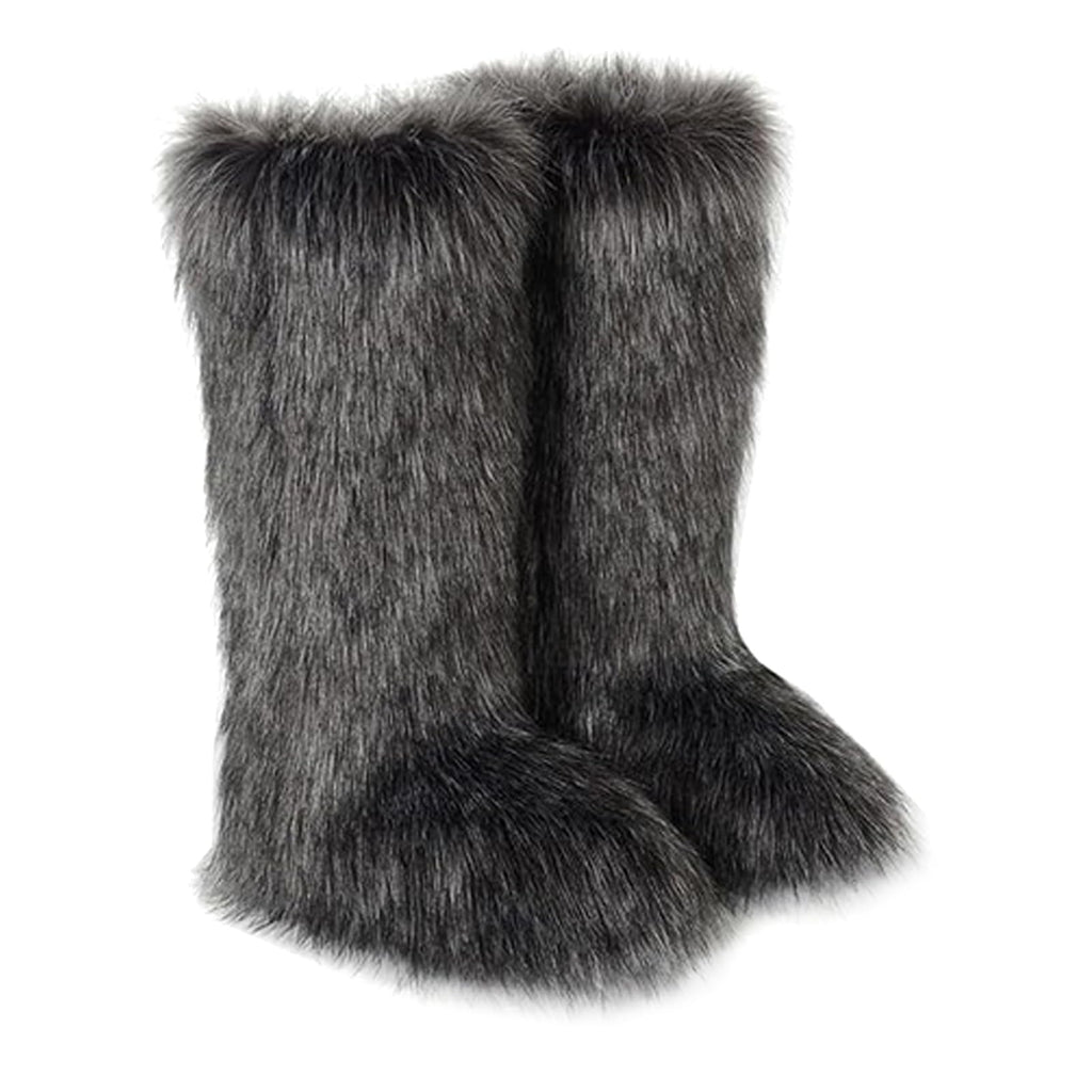 Valpeak Womens Faux Fur Boot Winter Fluffy Long Furry Boots for Girls Outdoor Fuzzy Knee-High Boots(Dark Grey