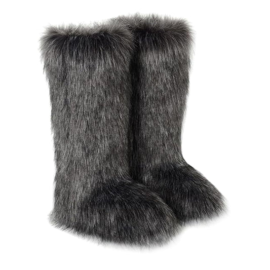 Valpeak Womens Faux Fur Boot Winter Fluffy Long Furry Boots for Girls Outdoor Fuzzy Knee-High Boots(Dark Grey