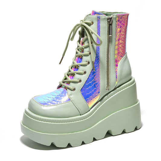 Holographic Platform Ankle Boots for Women Chunky Block Heels Pointed Toe PU Leather with Buckle Strap Retro Futuristic Style (Radio) - Sage Size 11