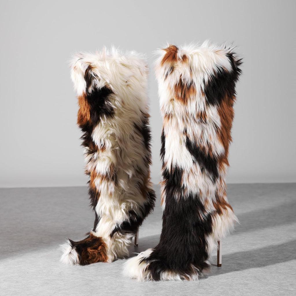 FancyQueen Faux Fur Boots for Women Knee High Furry Heel Boots Fashion Pointed Toe Snow Winter Boot Warm Women Boot