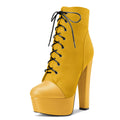 NobleOnly Women Chunky Block Platform High Heel Round Toe Lace-up Zipper Ankle Boots Short Bootie Classic Shoes Yellow