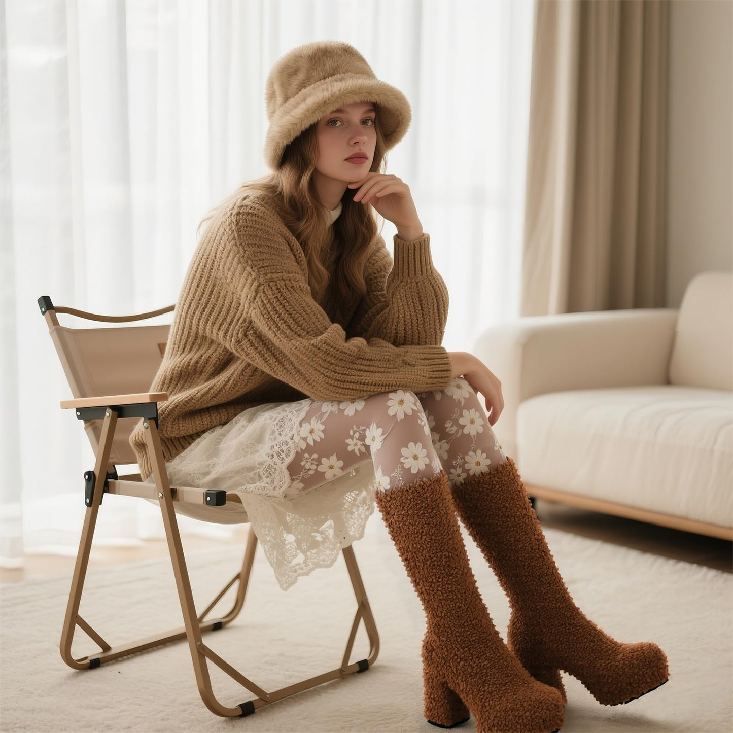 JilTrdWei Mid Calf Fluffy Furry Boots Warm Platform Chunky High Heel Pull On Boots Fashion Winter shoes-brown-6