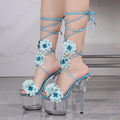 F&A LOVING Flowers Heels Lace Up Clear Platform High Heel 6.5in Stiletto Sandals