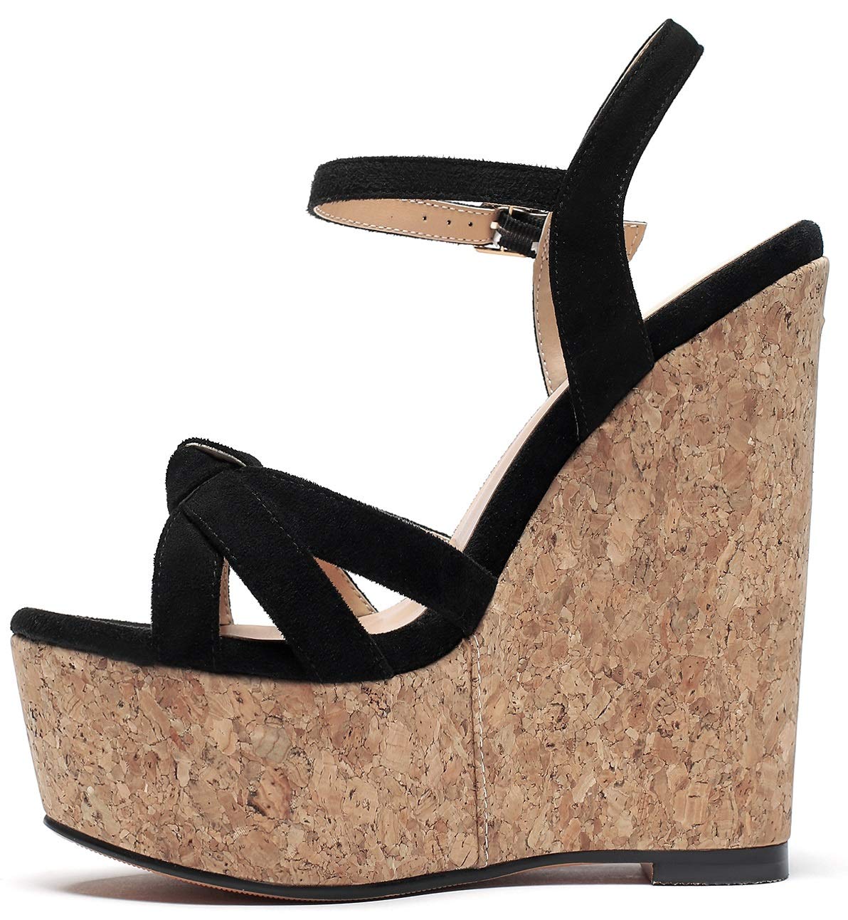 YODEKS High Heels Sandals for Women Wedge Wooden Heel Platform Open Toe Ankle Strap Fashion Comfort Black Suede Sandals