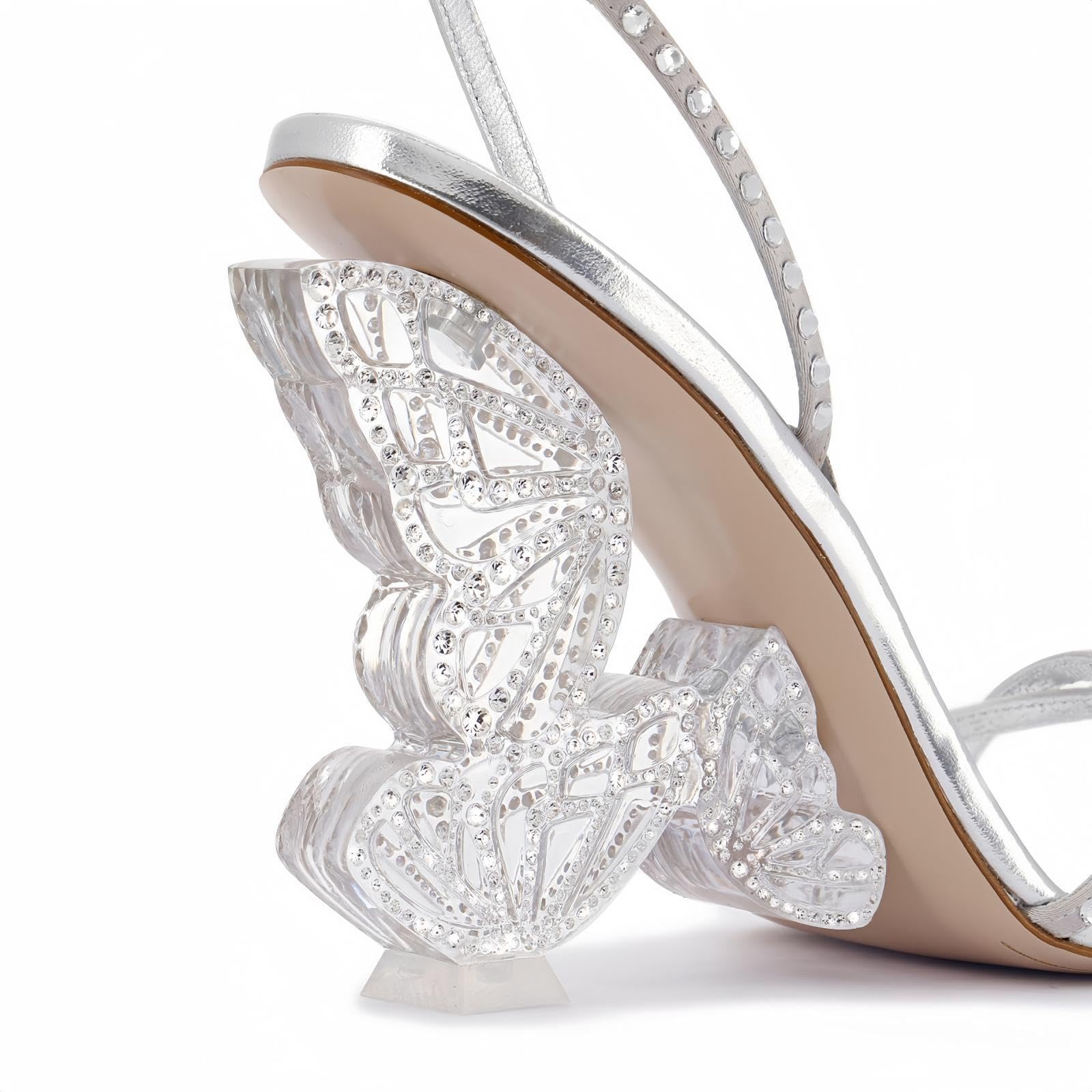 Longwenxuan Glitter Rhinestone Furry Lace Up Butterfly Stilletos Heels Sandals for Women,Women's Open Pointed High Heels Strappy Sandals Adjustable Ankle Strap Buckles Elegant Wedding Sandals Dress