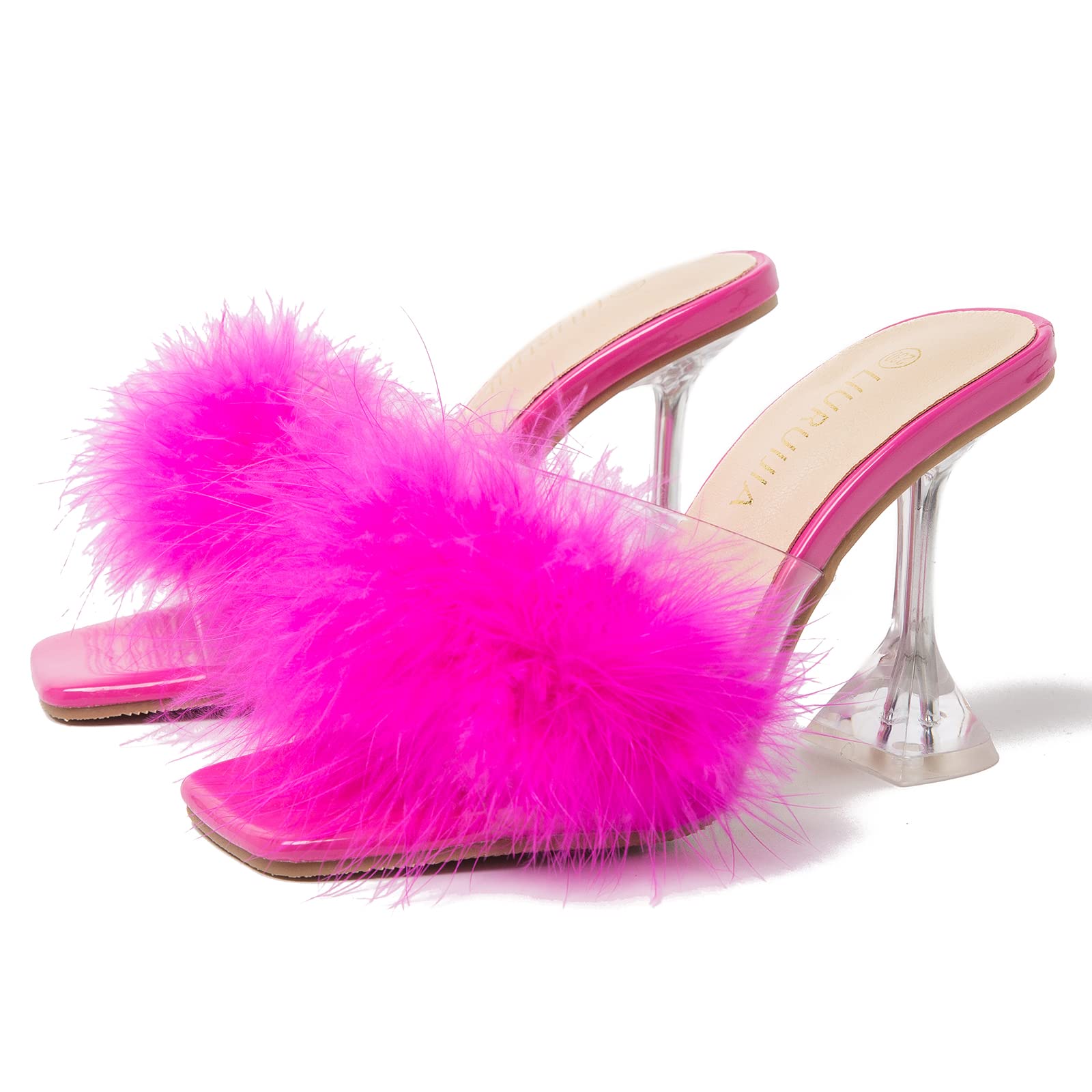 LIURUIJIA Women's Square Toe Feather Fluffy Fuzzy Heels High Heeled Dress Sandals Wedding Bridal Party Shoes Hot pink