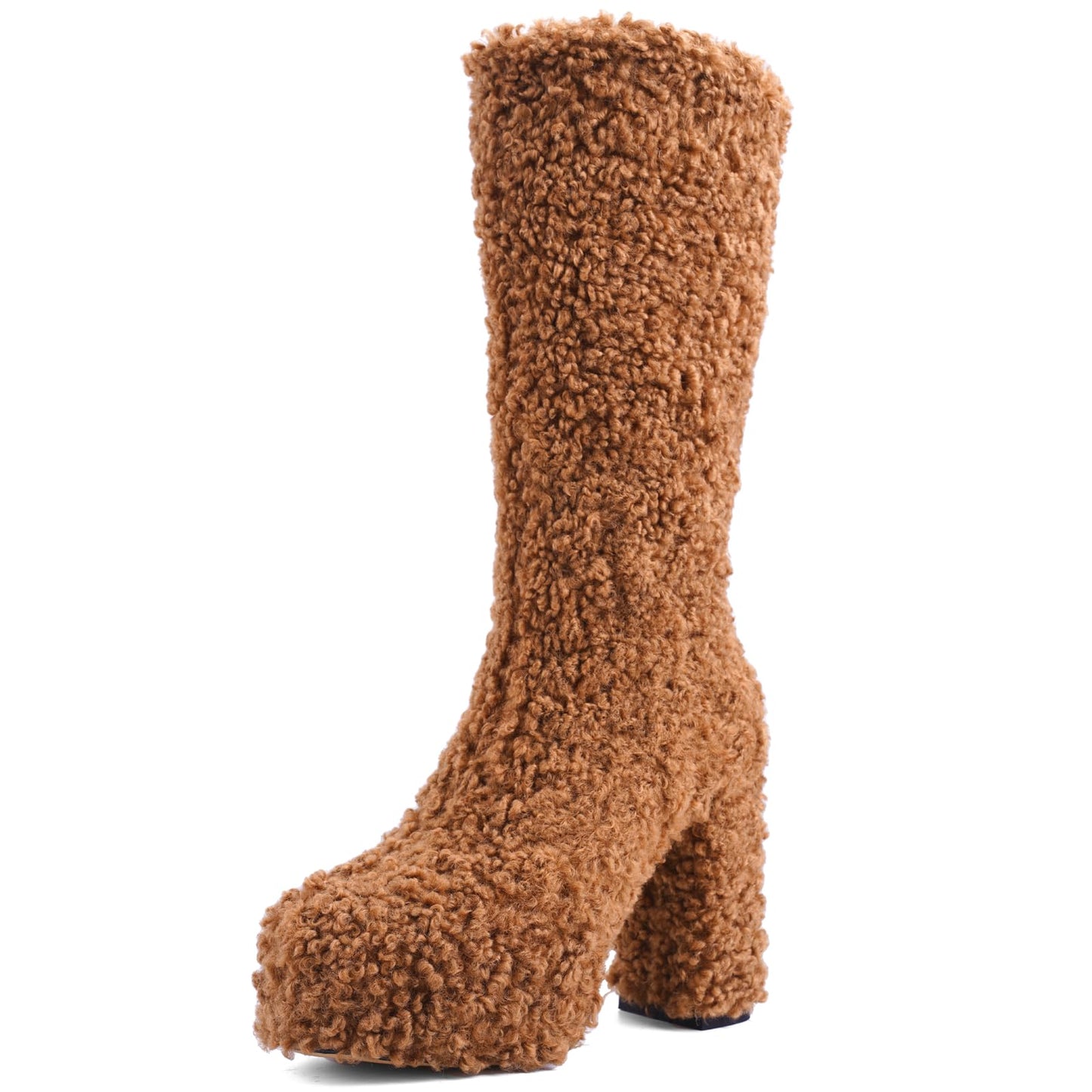 JilTrdWei Mid Calf Fluffy Furry Boots Warm Platform Chunky High Heel Pull On Boots Fashion Winter shoes-brown-6