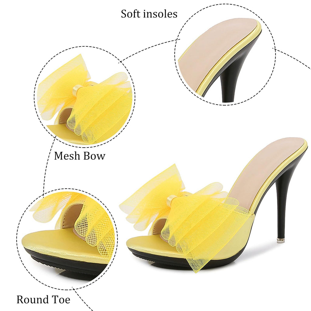 XHOGNLS Women'S Sexy Mesh Bow Stiletto Slides Sandals Fashion Round Open Toe Tulle Bow Slip On High Heel Prom Mule Sandals For Party Wedding (5,yellow)