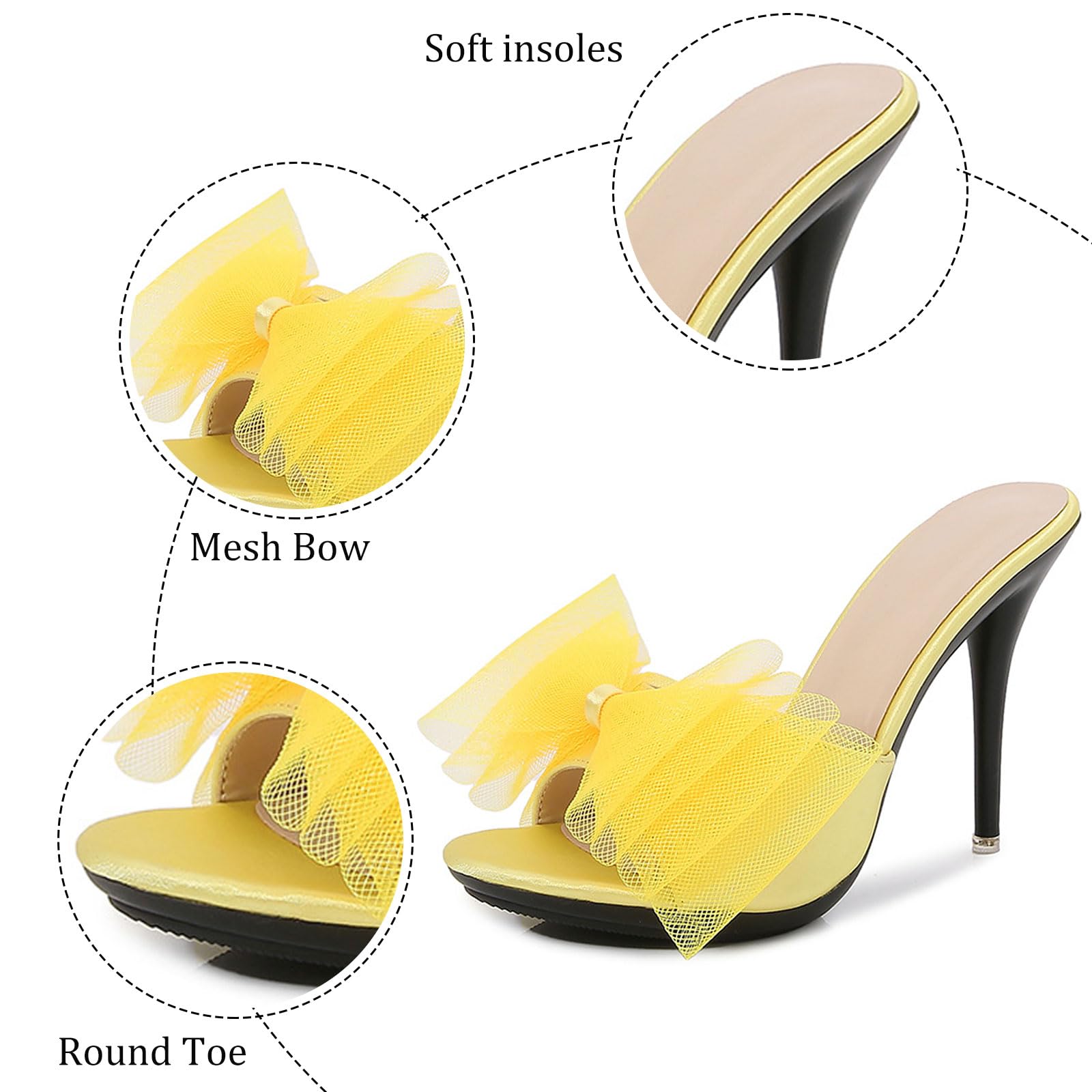 XHOGNLS Women'S Sexy Mesh Bow Stiletto Slides Sandals Fashion Round Open Toe Tulle Bow Slip On High Heel Prom Mule Sandals For Party Wedding (5,yellow)