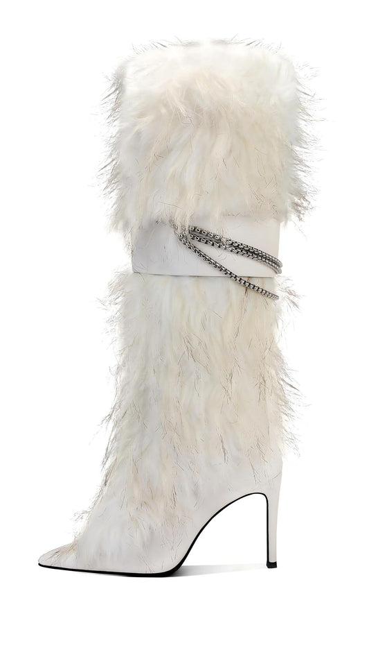 Ouwilov Women’s White Faux Fur High Heel Boots – Furry Heel Boots with Chain Detail Fuzzy Stiletto Heels Elegant Winter Fur Boot Heels for Parties Fashion Outfits and Cold Weather