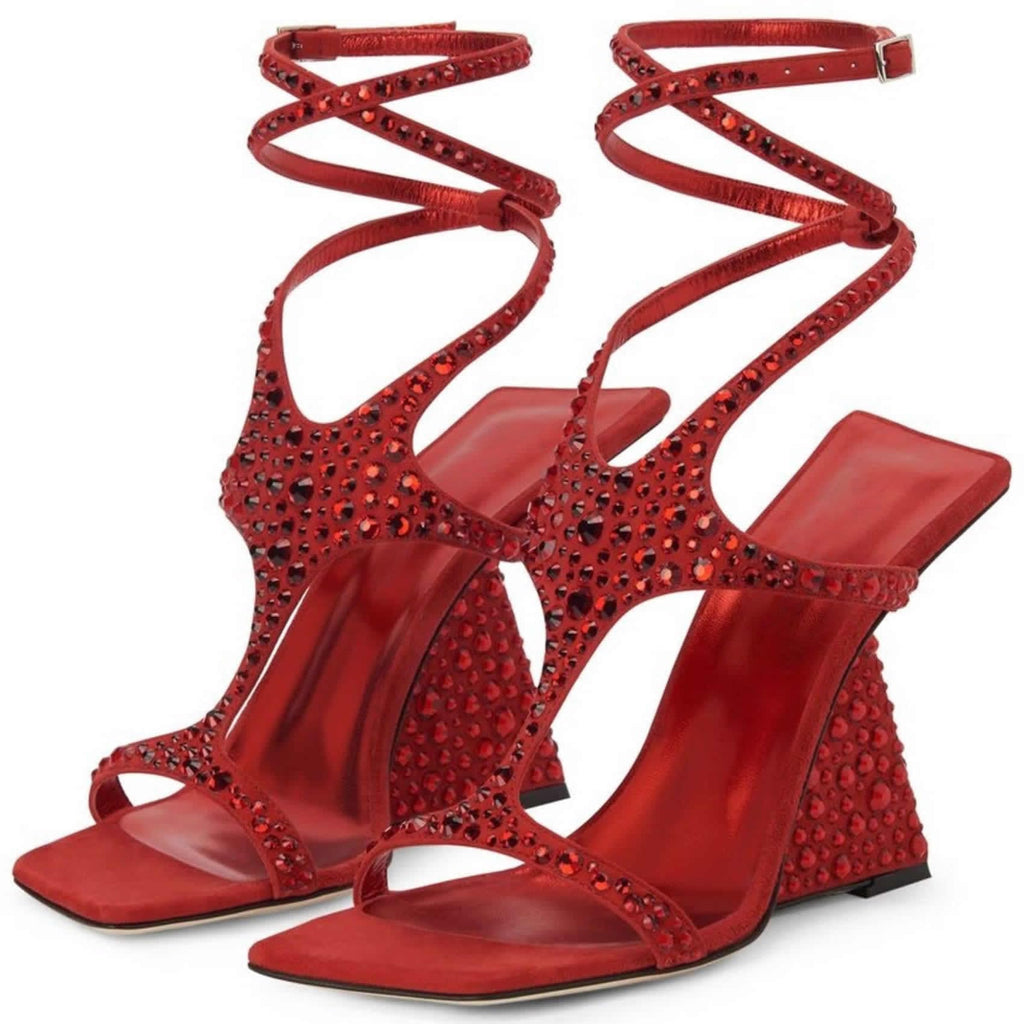 Kluolandi Women's Wedge Heeled Sandals Open Toe Criss-cross Strappy Sandals Heels Party Dress Shoes Red Crystal Heels