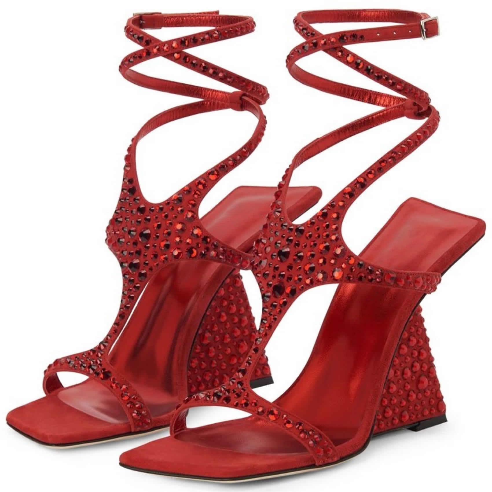 Kluolandi Women's Wedge Heeled Sandals Open Toe Criss-cross Strappy Sandals Heels Party Dress Shoes Red Crystal Heels