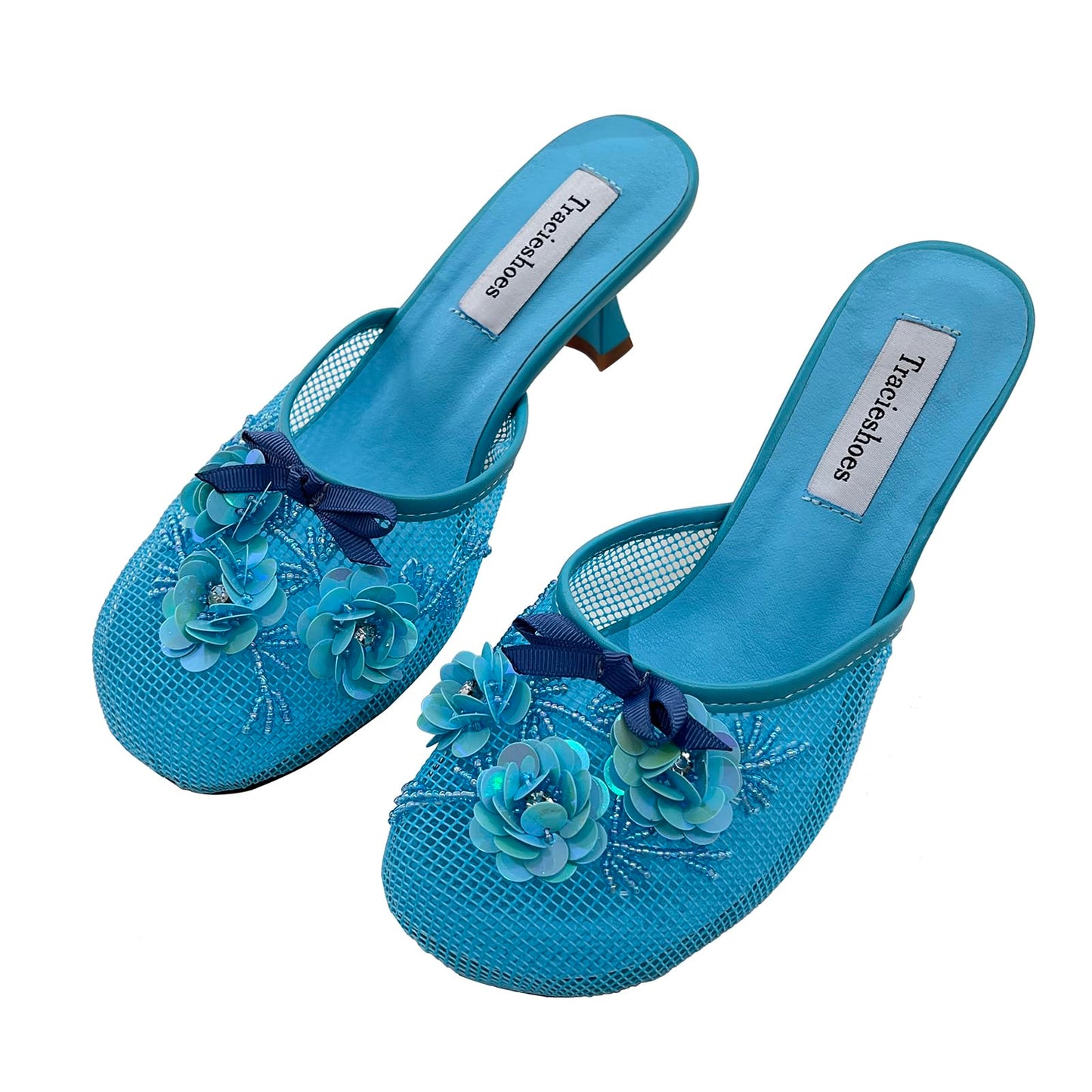 Tracieshoes Women's Mesh Mule Slip On Sandals With Floral Sequin Embellishments Round Toe Middle 2.5 Inch Heel Slides Slippers Blue