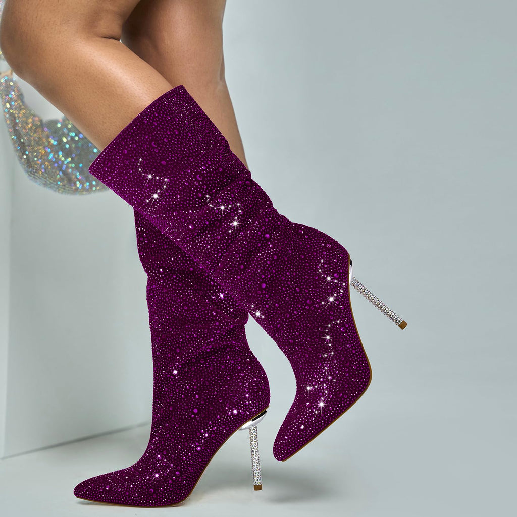 driceic Women's Purple Mid Calf Boots sparkly Rhinestone Stiletto Heel Boots Western Wide Calf Short Cowboy Boots Sexy Pointed Toe dress Party Boots