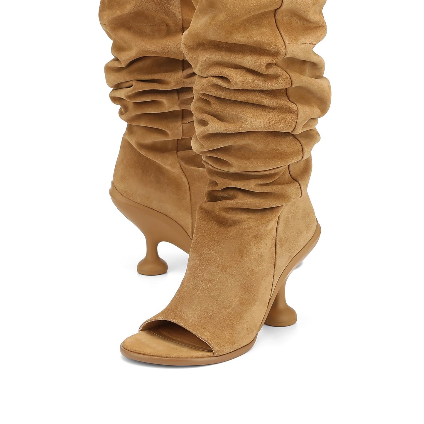 Kapxumo Women's Suede Knee High Boots Open Square Toe Pull On Slouchy Under the Knee Boots Wedge Heel Wide Calf Boots Fashion Dress Party Camel Boot