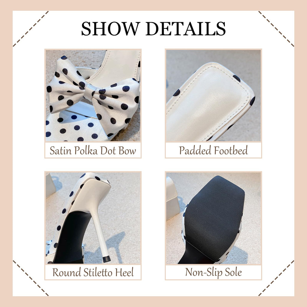 BGSMGISKD Women'S Satin Polka Dot Bow Stiletto Slide Sandals Sexy Square Open Toe High Heel Elegant Dress Mule Sandals for Fashion Prom Party Summer Wedding (White/3.54in,8)