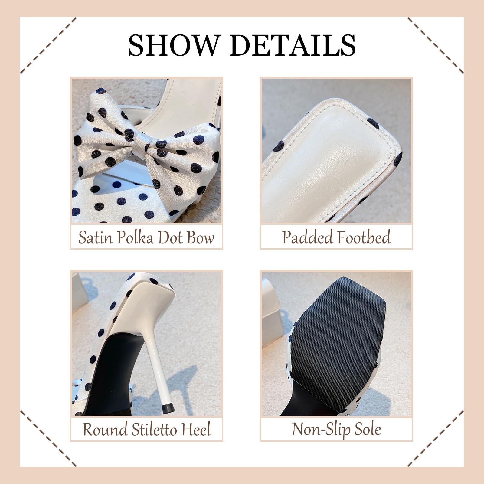 BGSMGISKD Women'S Satin Polka Dot Bow Stiletto Slide Sandals Sexy Square Open Toe High Heel Elegant Dress Mule Sandals for Fashion Prom Party Summer Wedding (White/3.54in,8)