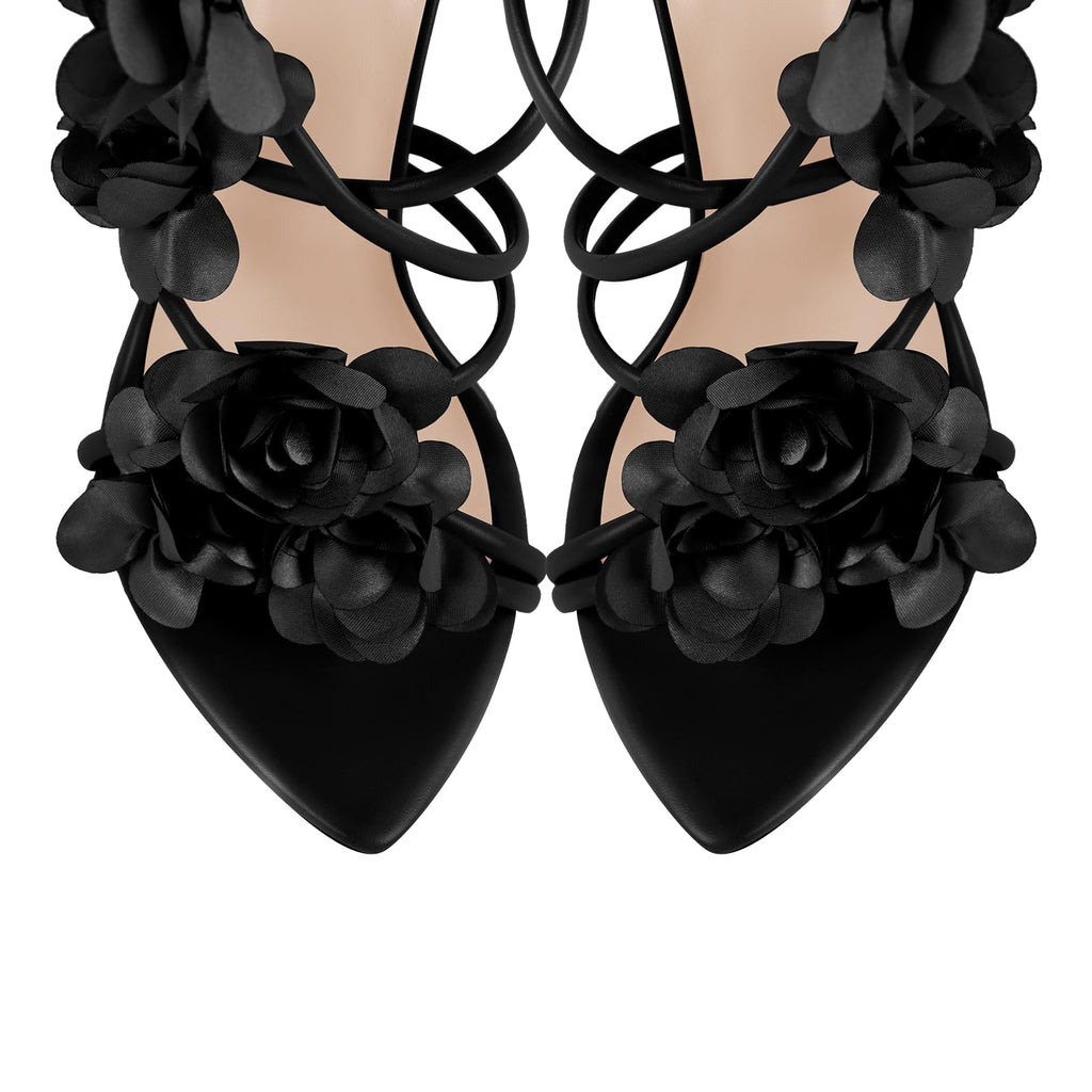 richealnini Floral Heels for Women Black Gladiator Flowers Straps Tie Up to Knee High Sandals Sexy Pointed Open Toe Strappy Sandals Self-tie Spiked Stiletto Heels Fashion Shoes Size 11