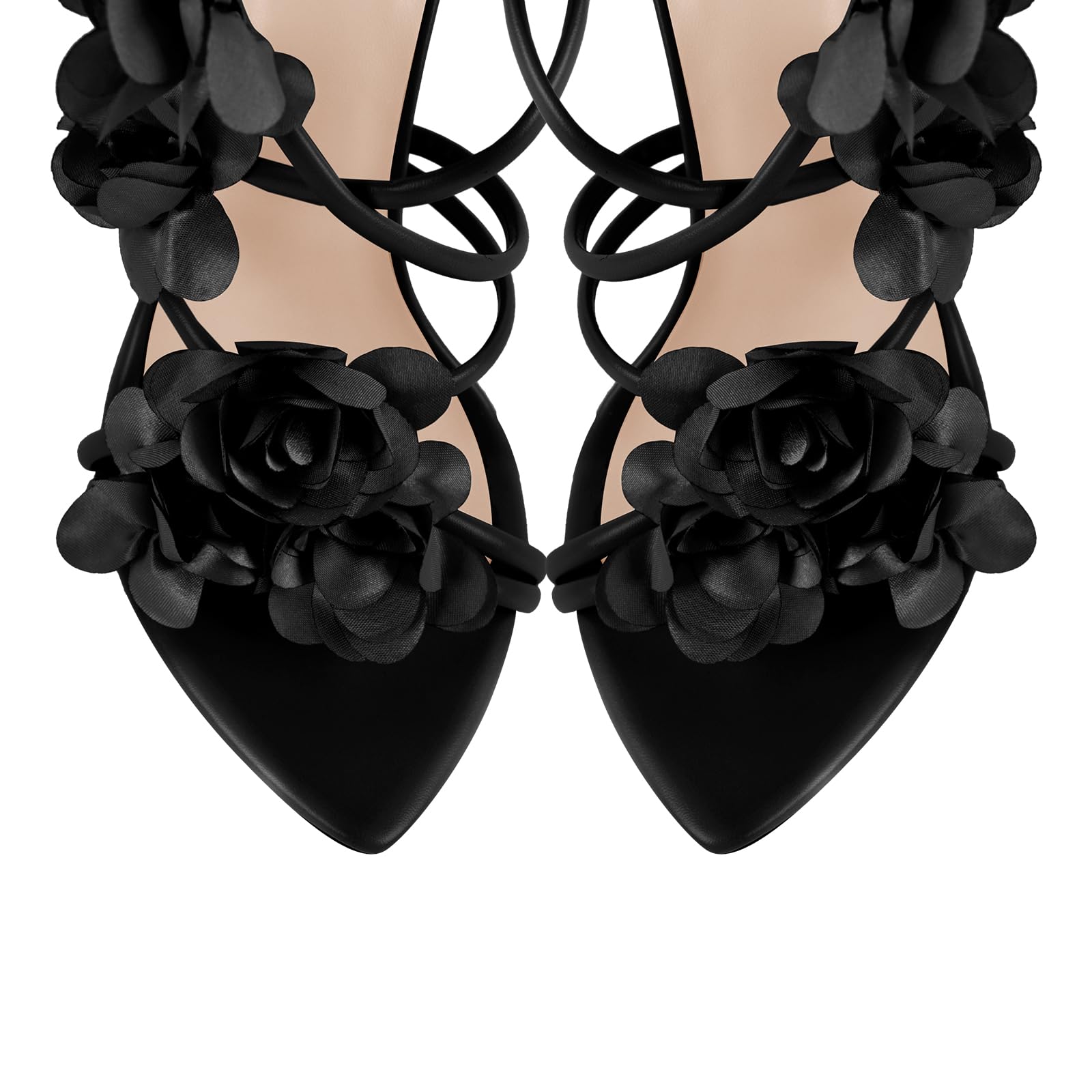 richealnini Floral Heels for Women Black Gladiator Flowers Straps Tie Up to Knee High Sandals Sexy Pointed Open Toe Strappy Sandals Self-tie Spiked Stiletto Heels Fashion Shoes Size 11
