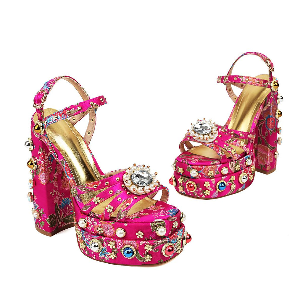 Pink Feinlina Women Rhinestone High Chunky Platform Heel