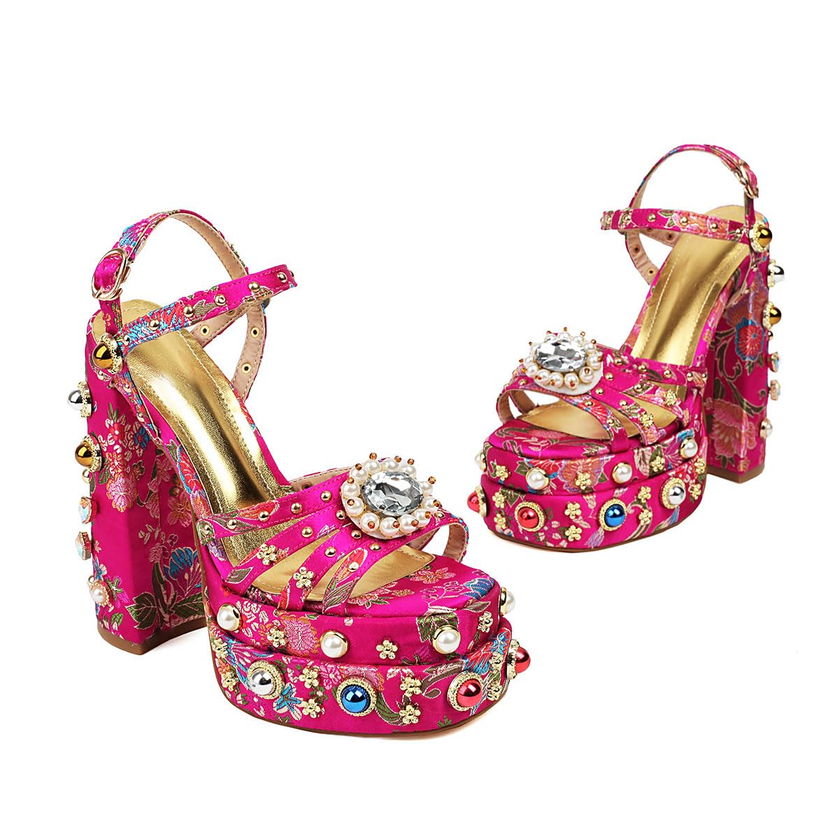 Pink Feinlina Women Rhinestone High Chunky Platform Heel