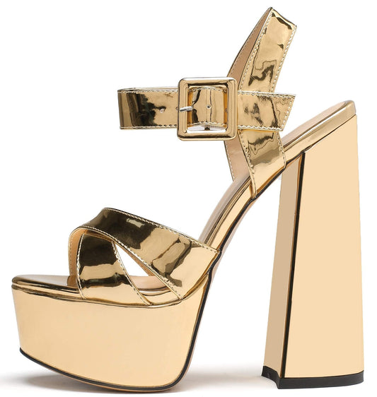 Mettesally Women's Platform Chunky High Heels Dress Sandals Open Toe Ankle Strap Strappy Wedding Bridal Party Dress Shoes for Women Bride Gold US7