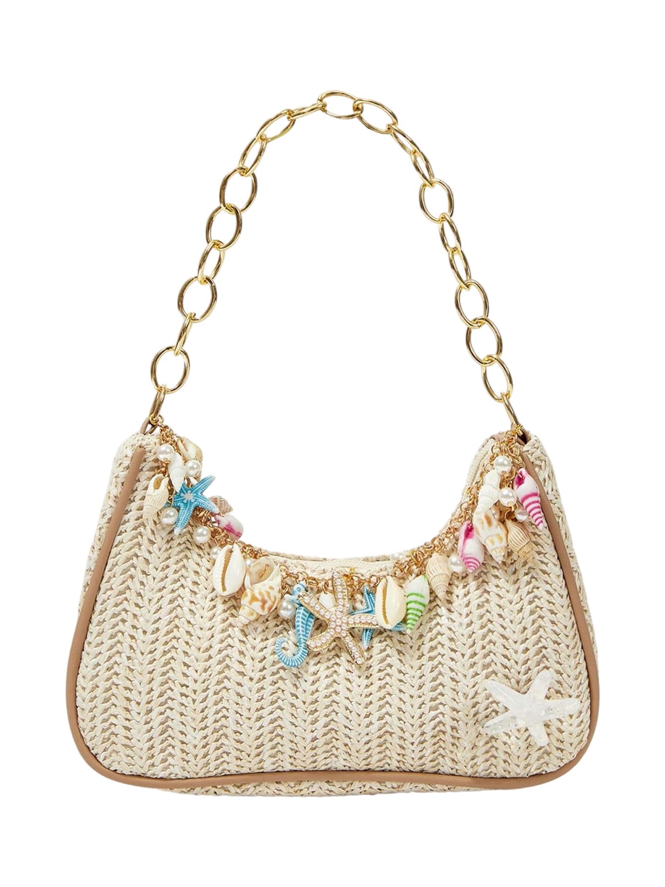 MakeMeChic Women's Straw Beach Purse Seashell Beaded Shoulder Handbags Summer Vacation Bags Multicolor One Size
