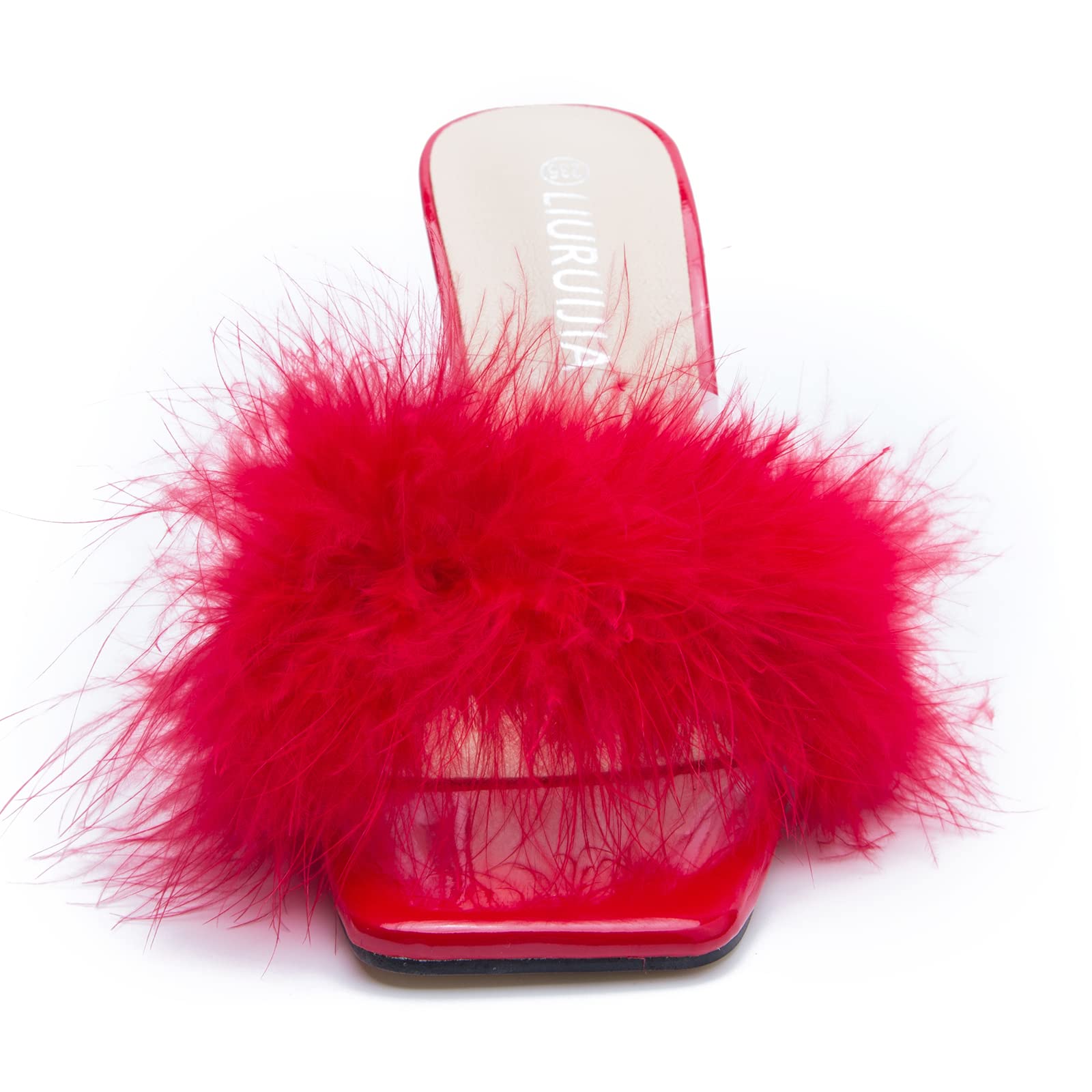LIURUIJIA Feather High Heel Mules Sandals for Women Slip On Square Toe Clear Tapered Chunky Heels Fuzzy Fluffy Bridal Wedding Party Sexy Shoes Red