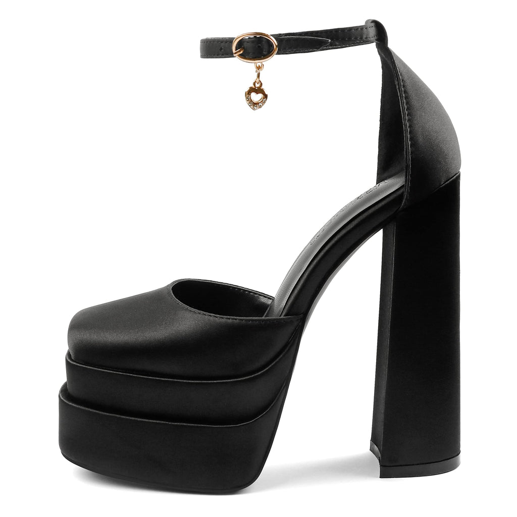 MERUMOTE Womens Sexy High Heels Platforms Pumps Square Toe Chunky Block Heels Rhinestone Party Shoes Black Satin