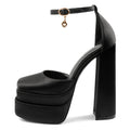 MERUMOTE Womens Sexy High Heels Platforms Pumps Square Toe Chunky Block Heels Rhinestone Party Shoes Black Satin