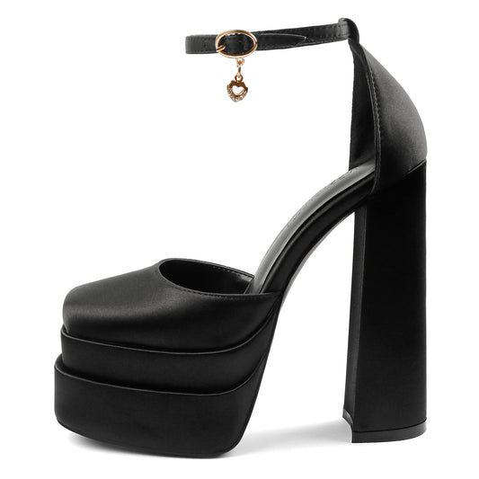 MERUMOTE Womens Sexy High Heels Platforms Pumps Square Toe Chunky Block Heels Rhinestone Party Shoes Black Satin US8