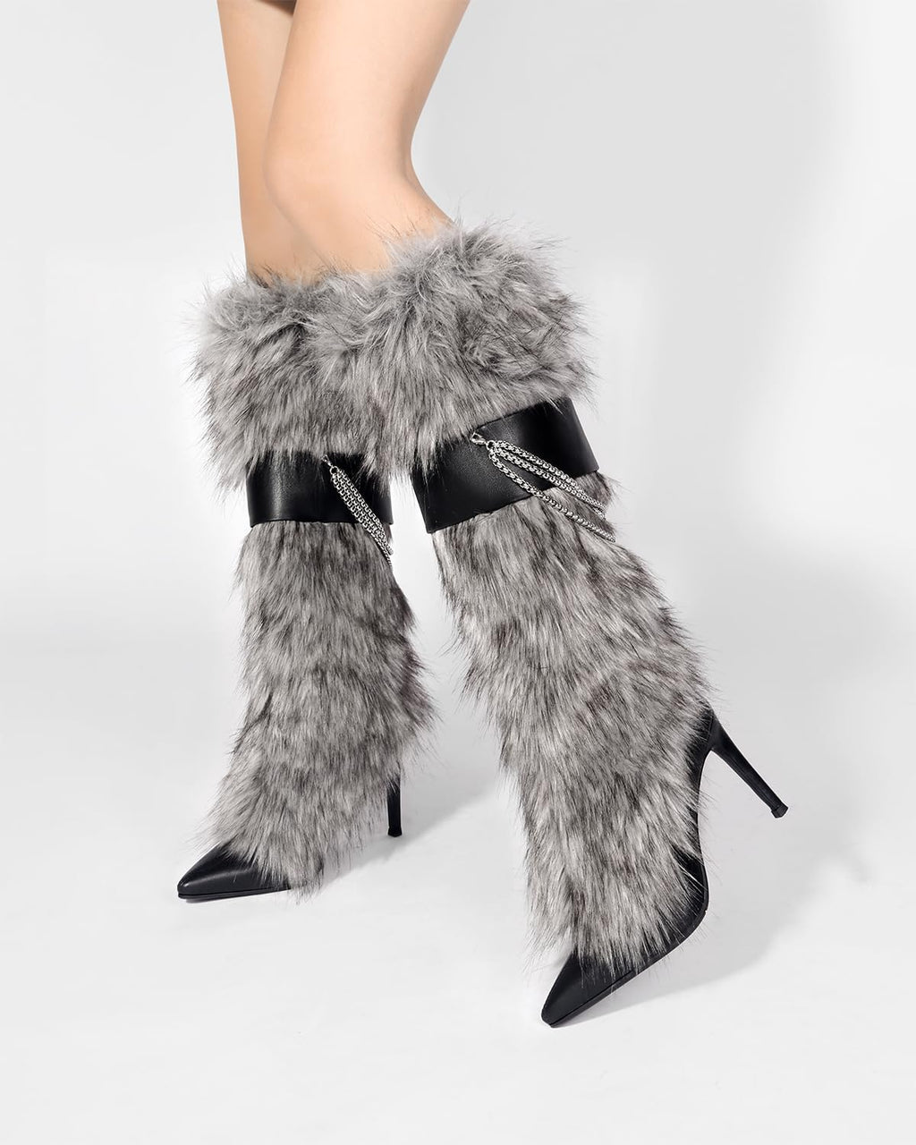 Ouwilov Women’s Gray Faux Fur High Heel Boots – Furry Stiletto Boots with Chain Detail & Stretch Knit Inner Shaft Elegant Winter Fur Boot Heels for Fashion Outfits & Cold Weather