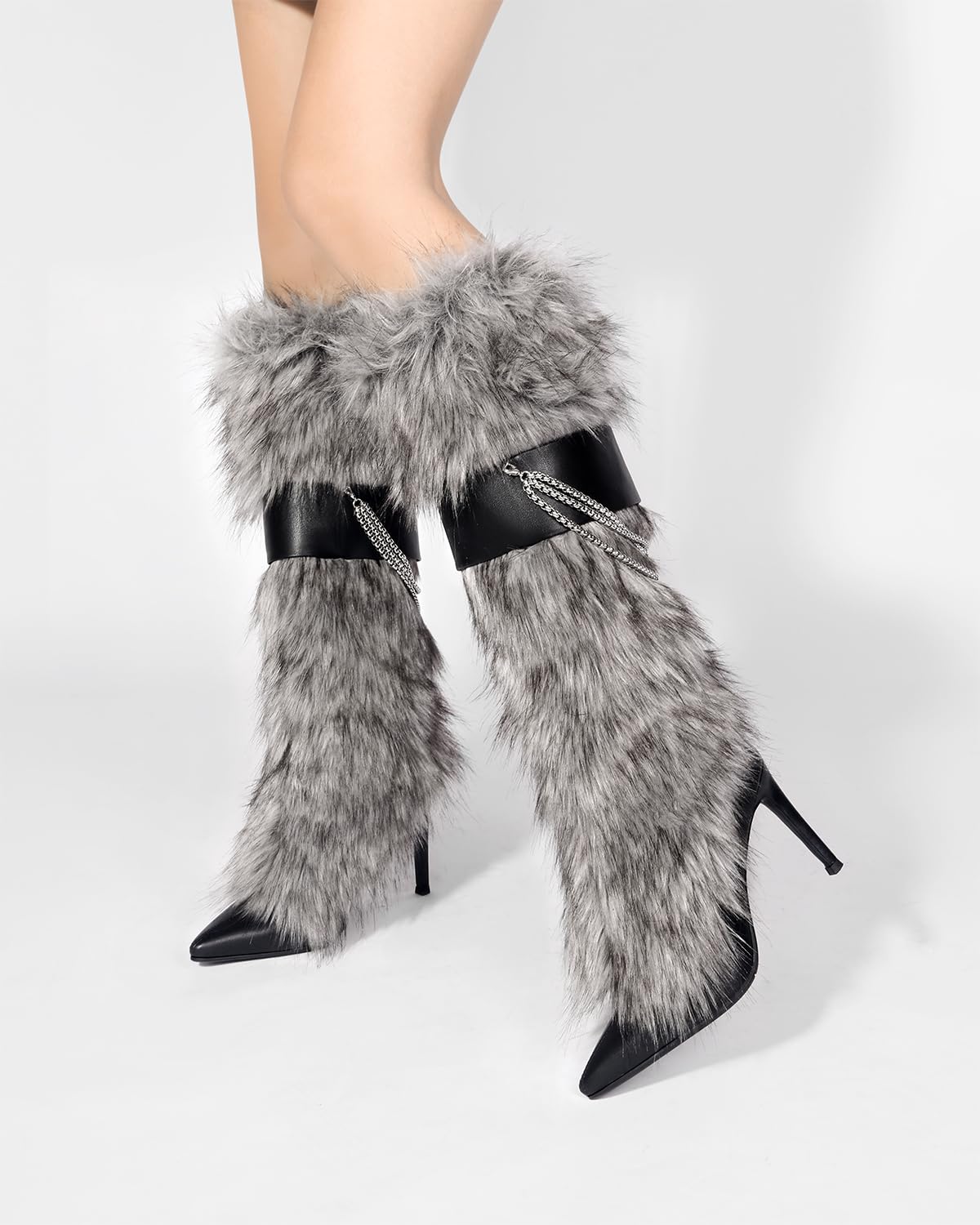 Ouwilov Women’s Gray Faux Fur High Heel Boots – Furry Stiletto Boots with Chain Detail & Stretch Knit Inner Shaft Elegant Winter Fur Boot Heels for Fashion Outfits & Cold Weather