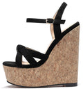 YODEKS Womens Platform Wedges Heel Sandals Cork High Heel Pumps Open Toe Ankle Strap Fashion Summer Black Suede Sandals