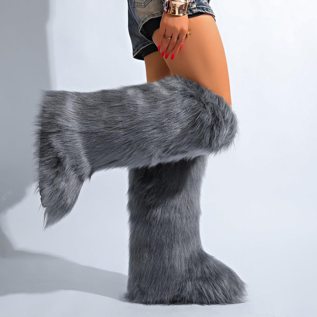 Valpeak Womens Faux Fur Boot Winter Fluffy Long Furry Boots for Girls Outdoor Fuzzy Knee-High Boots(Dark Grey